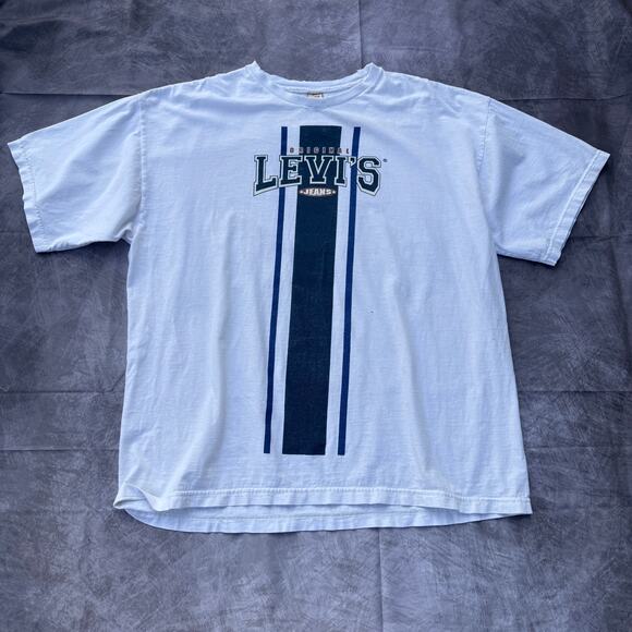 Men's Vintage 90's Original Levi's Jeans White Blue Striped Tee Shirt Sz XL USA - Picture 1 of 7